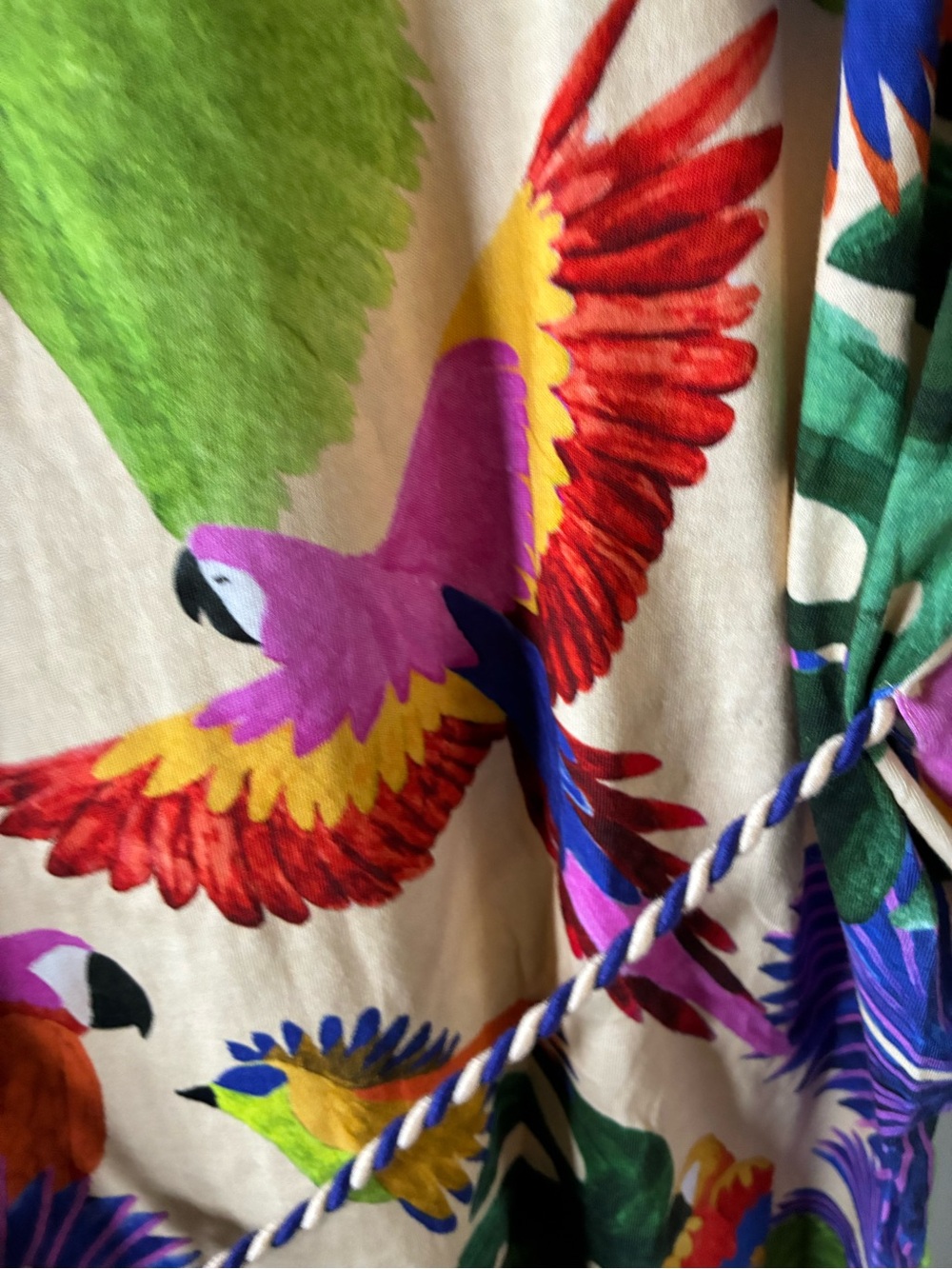 Farm Rio sz S Tropical Parrot Print Tunic Dress in Cream & Bright Greens euc - Picture 3 of 8